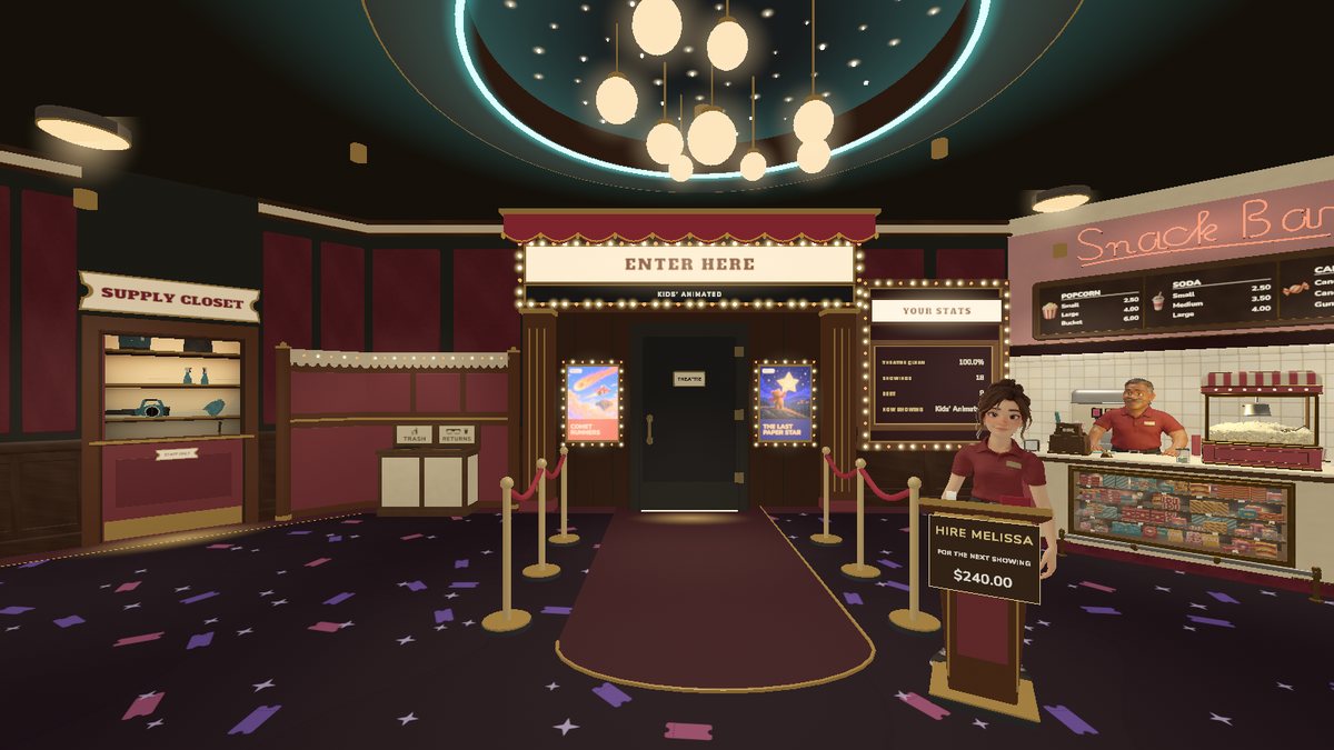 The theatre lobby, with the supply closet, the snack bar and the door to the theatre.