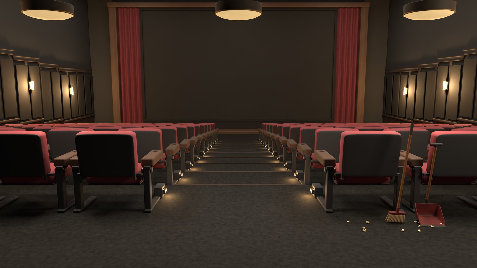 An empty movie theatre with red seats on both sides of a lit aisle.